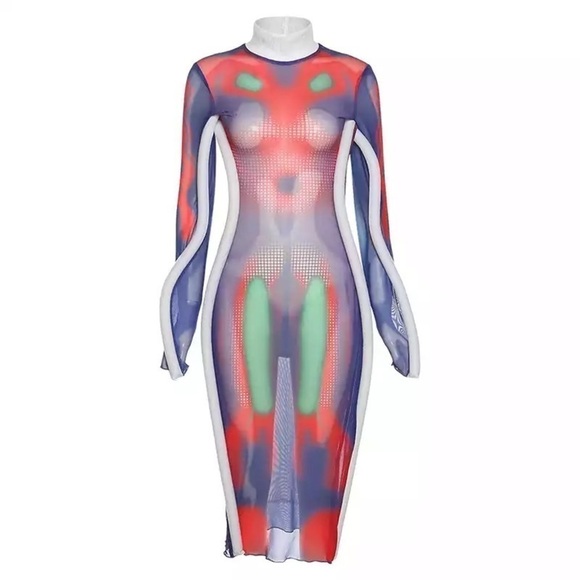 Sexy Bodycon Print Dress For Women Long Sleeve Turtleneck Dress. Multi C… - Picture 2 of 7